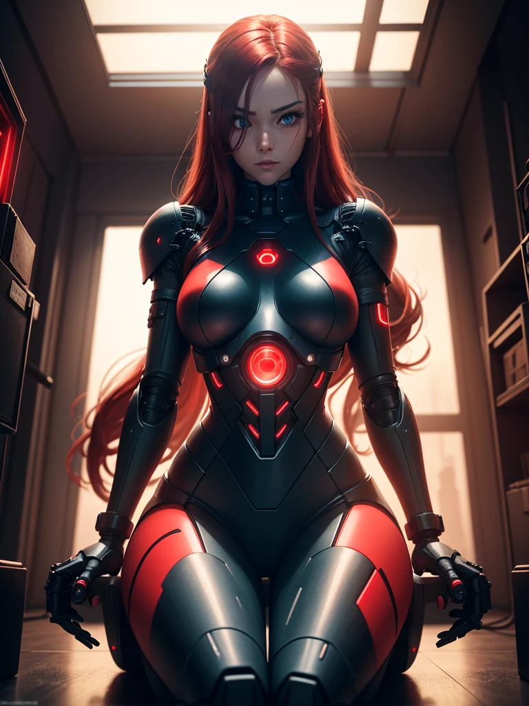 View from below, angle from below, flat horizon photo, Android girl in a pose sitting on her knees , she has long red hair she has a mask on her face a respirator a woman with sexy hips, with prosthetic arms and modifications. Beautiful face, red metal cybernetic android robot body, with red lines of indicators and diodes with many red parts, cybernetic armor with a red glow from under the joints and joints, she has blue eyes and she looks at me, frame with a flat horizon, Anime Style Photography , black background Cyberpunk style, photography takes place in motion, while walking, the camera films her from below, tall girl height big, with big wide hips, with a wide pelvis, She stands half sideways, half turned to the camera, in half profile. low angle photography black background images night and red neon lights red lamps red lighting red flashes on background