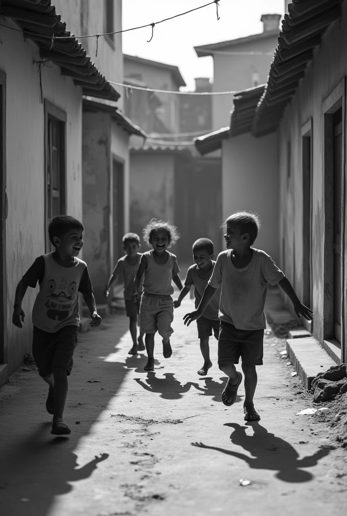 Children playing in the courtyard black and white poor