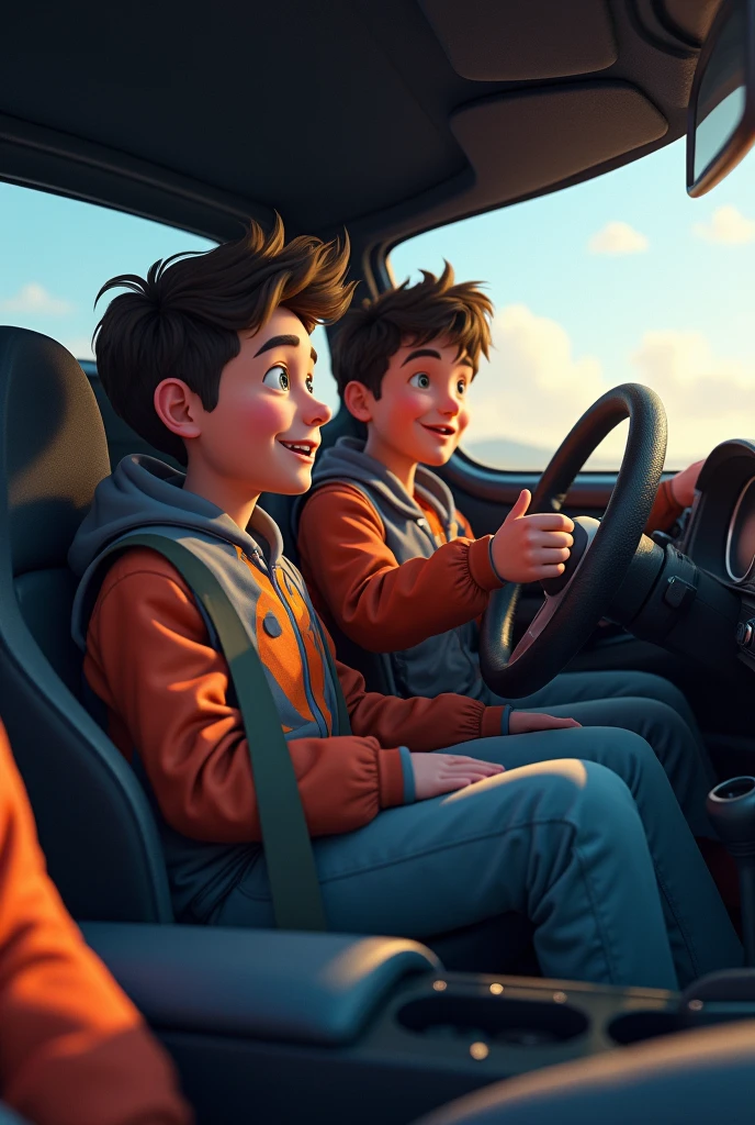 Playing 3 boys  in car 
