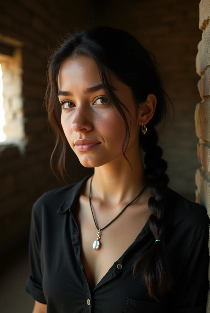 A close-up portrait of a bold young woman with white cream like skin and a calm, neutral expression, captured indoors with warm, low lighting. She has dark, wavy hair, loosely tied in a single braid that falls over her right shoulder. She is wearing a simple black shirt with a subtle textured pattern, and a pendant necklace with a clear, crystal-like stone hanging from a thin black cord.The setting is a rustic, dimly lit room, with rough brick walls visible in the background, giving a sense of modest, natural surroundings. The light source is soft, illuminating the left side of her face, creating gentle highlights on her skin, while the right side is slightly in shadow, adding depth and a sense of quiet intimacy to the image. The background is slightly out of focus, drawing attention to the woman's face and expression, which conveys a feeling of calm and introspection. The overall color palette is warm and muted, with earthy tones dominating the scene.