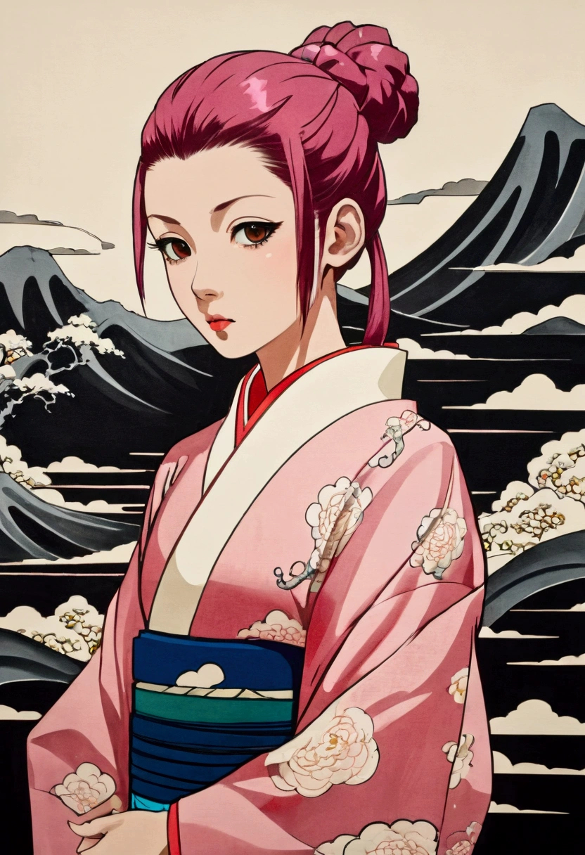 (masterpiece), Japanese cartoons, ((Ukiyo-e,Paper art,Negative Space)), (author: Alfredo Jaar), 1 Girl, Brown eyes, Ponytail, Pink Hair, Cyberpunk, Japanese clothes, Unbutton, In a surreal landscape, Watercolor style, 
