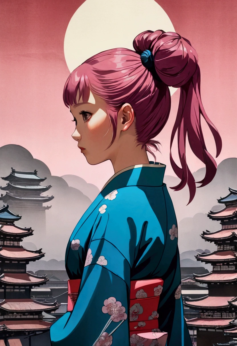 (masterpiece), Japanese cartoons, ((Ukiyo-e,Paper art,Negative Space)), (author: Alfredo Jaar), 1 Girl, Brown eyes, Ponytail, Pink Hair, Cyberpunk, Japanese clothes, Unbutton, In a surreal landscape, Watercolor style, 