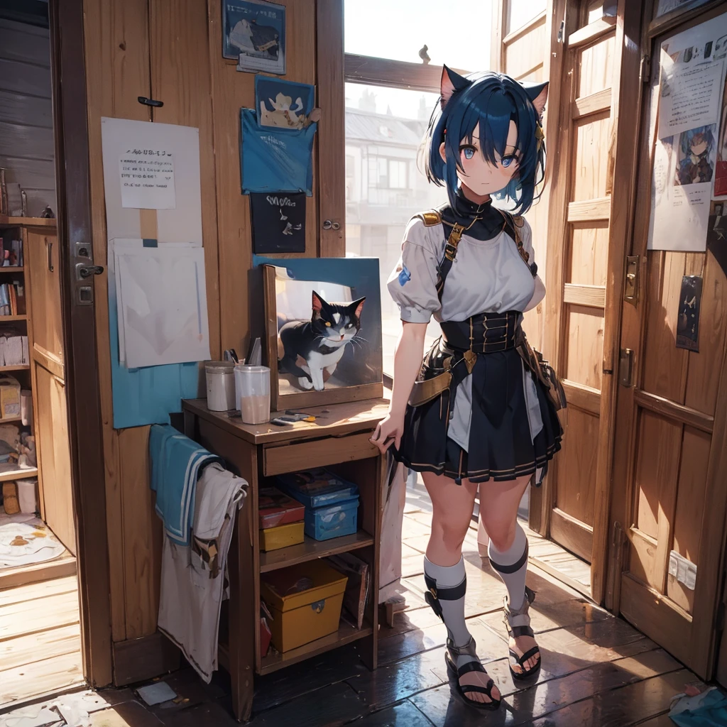 masterpiece, best quality, good quality, Highly detailed, shadowverse style, female, cat ear, blue hair, modern aesthetic, armored, cat tail, blue eyes, short hair, tidy hair, blue and white main color, full body art, painted toe nail
