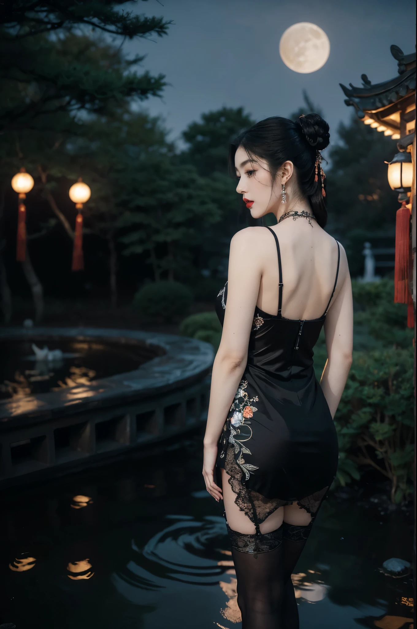 (((best quality))),(((ultra detailed))),(((masterpiece))),illustration,((1 beautiful girl,solo)),(bun hair:1.2),(Ghostly makeup:1.3),(fair skin:1.5),(red lips:1.2),((earrings,necklace)),((slim,thin)),((bare back,towering hips,butt crack)),(black floral embroidered lace bellyband:1.5),(thigh loop:1.3),(stockings:1.3),(standing:1.3),(A huge moon in the sky:1.3),(moonlit Chinese garden courtyard:1.3),(Ghost Festival:1.3),(Ghostly flames are drifting in the air:1.3),elegant and sophisticated,intricate patterns,curves,dark color,striking visual appeal,ethereal,enchanting,ghostly black blossoms,swaying branches,stone pathways,moss,eerie shadows,ancient pavilion,intricate wooden structure,mystery and intrigue,cicadas chirping,auditory symphony,embodiment of the festival's spirit,bathed in the moon's glow,delicate features,raven-black hair,waterfall of darkness,moon's luminance,captivating allure,sleek fabric,clung to frame,accentuating curves,highlighting beauty,striking appearance,ethereal beauty,hauntingly beautiful scene,captured essence,blend of beauty and mystery,(night scene:1.3),((from back,upper body))