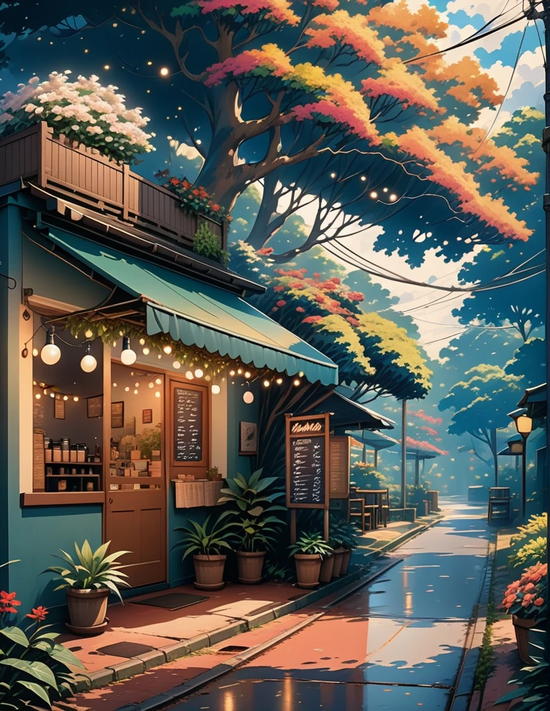 super wide perspective, string lights, hanging pots, ghibli anime scene, coffee shop in the woods, moody weather, leaves falling from tree, light bubble around street light, under a big banyan tree, street light, poles and wires, tropical leafy plant pots, menu board, sign board, long grass with wild flowers, in the middle of nowhere, vibrant color tones, ghibli style, no humans, scenery, masterpiece, high resolution