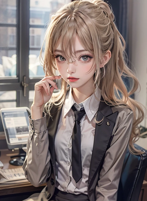 Secretary of the Dark Chancellor Chehekl, female, female, office girl, High paying job, full body shot, Her clothes have the brand name K on them. full body photo, High level image quality、8k、real live action、original photo、top quality、masterpiece, high resolution, Yellow hair, gray eyes, Hair length is up to waist, high ponytail, red lips, There is a window. There is a black luxurious castle through the window.. pointed nose, pretty face, Wearing a suit for the office, I'm working in the office, I'm wearing coffee colored stockings.. I have a lot of documents in both hands.. It's a neat, modern suit.. Her outfit consisted of a black blazer and a short-sleeved shirt., She is wearing a black skirt and coffee colored stockings.. There is a black castle on the window.