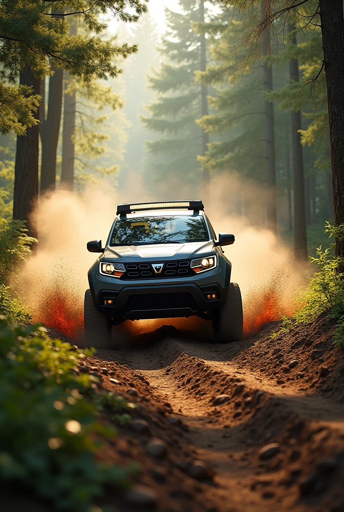 Create me a photo with a Daciajogger in the forest offroad, burns flames 