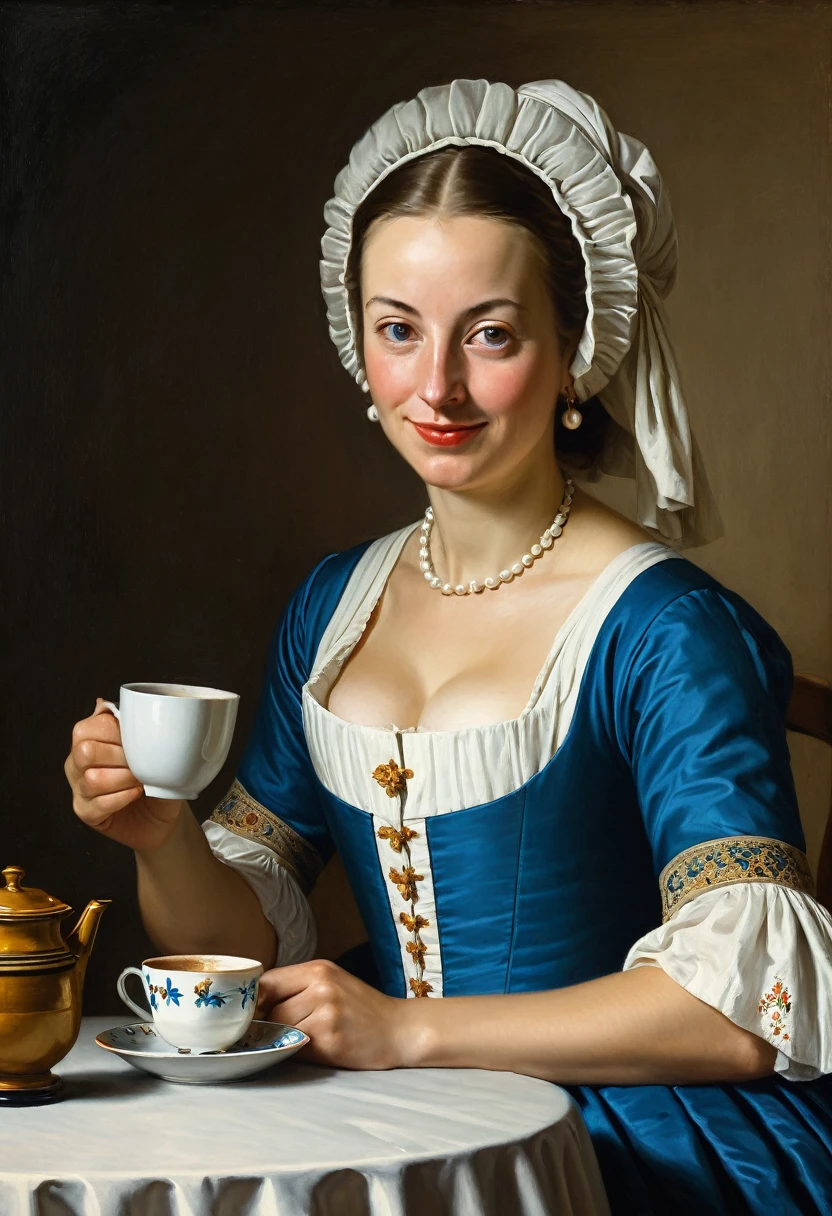 Painting of a woman in Dutch national dress, sitting at a table drinking coffee, Allan Ramsay, inspired by Jean-Etienne Lyotard, Gabriel Metsjou, inspired by Frans van Mieris the Elder, Jan van Mieris, inspired by Jean-Etienne Lyotard, Johannes Wemeer, painting of a woman, Dutch Golden Age painting, zurbaran