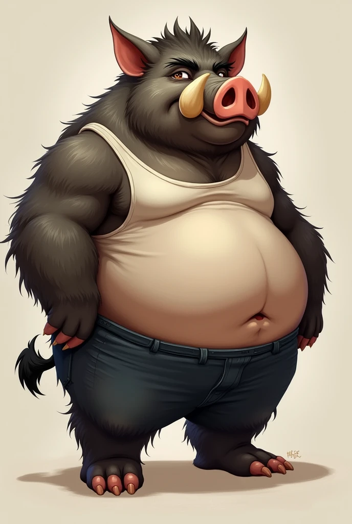 Chubby, furry male anthro boar, tusks, fluffy, very plump, big fat, fat, large, obese, big chest, big belly, hairy fluffy body, tail with black fluffy tip, overweight, bare feet, chubby, detailed, tight tank top, chest and belly  exposed,