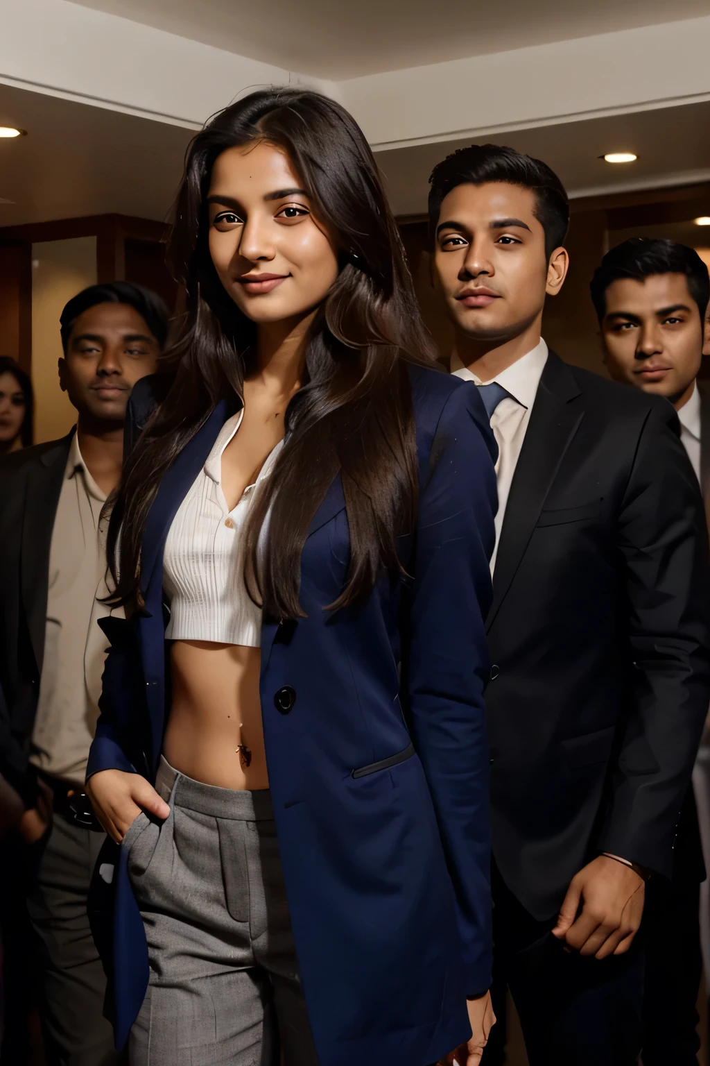 A 21 year old beautiful Indian girl with long hair smiling face beautiful eyes wearing suit coat pant dress with body guards behind and besides her protecting her from peoples