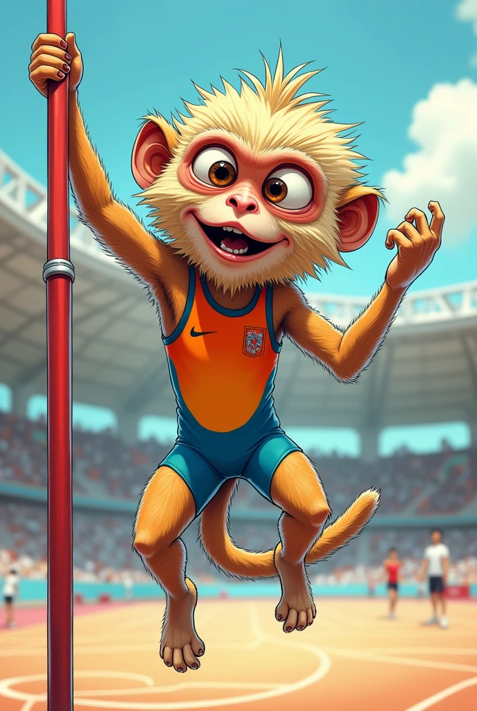 (chibi Emoji Meme), Hand-drawn art style, funny photo portrait of a grotesque (Olympic Pole vault athlete gibbon), athlete suit, (upper body), jump in the air, strange eyes, Olympic background, emoticon. emotional, dynamic movement, vivid, (masterpiece, best quality, absurdres, ultra-detailed, intricate details:1.3)