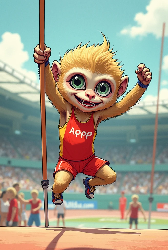 (chibi Emoji Meme), Hand-drawn art style, funny photo portrait of a grotesque (Olympic Pole vault athlete gibbon), athlete suit, (upper body), jump in the air, strange eyes, Olympic background, emoticon. emotional, dynamic movement, vivid, (masterpiece, best quality, absurdres, ultra-detailed, intricate details:1.3)