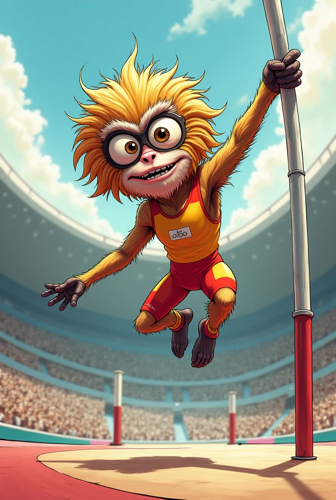 (chibi Emoji Meme), Hand-drawn art style, funny photo portrait of a grotesque (Olympic Pole vault athlete gibbon), athlete suit, (upper body), jump in the air, strange eyes, Olympic background, emoticon. emotional, dynamic movement, vivid, (masterpiece, best quality, absurdres, ultra-detailed, intricate details:1.3)