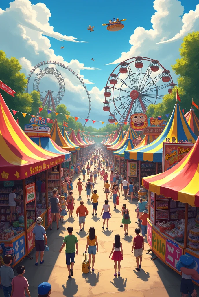 A fair withbmany rides and stalls and peopme