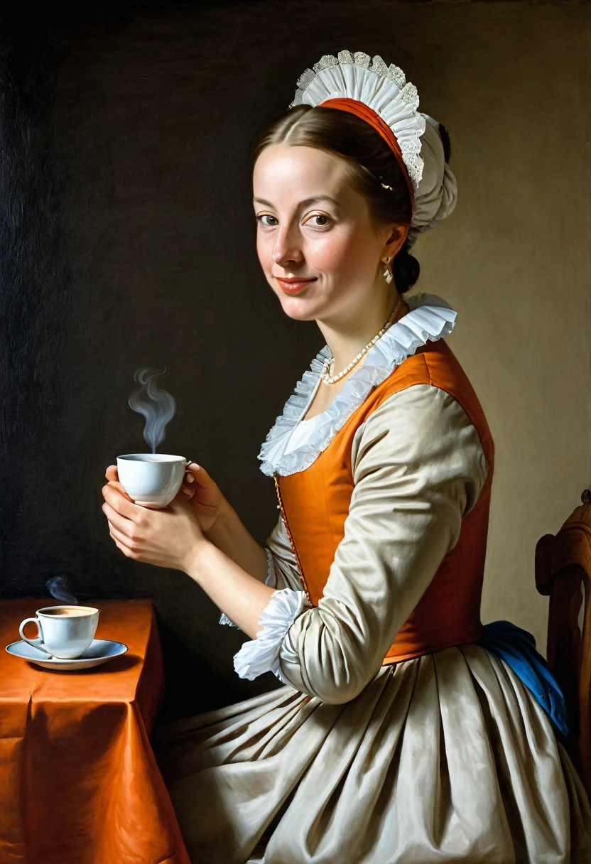 Painting of a woman in Dutch national dress, sitting at a table drinking coffee, Allan Ramsay, inspired by Jean-Etienne Lyotard, Gabriel Metsjou, inspired by Frans van Mieris the Elder, Jan van Mieris, inspired by Jean-Etienne Lyotard, Johannes Wemeer, painting of a woman, Dutch Golden Age painting, zurbaran
