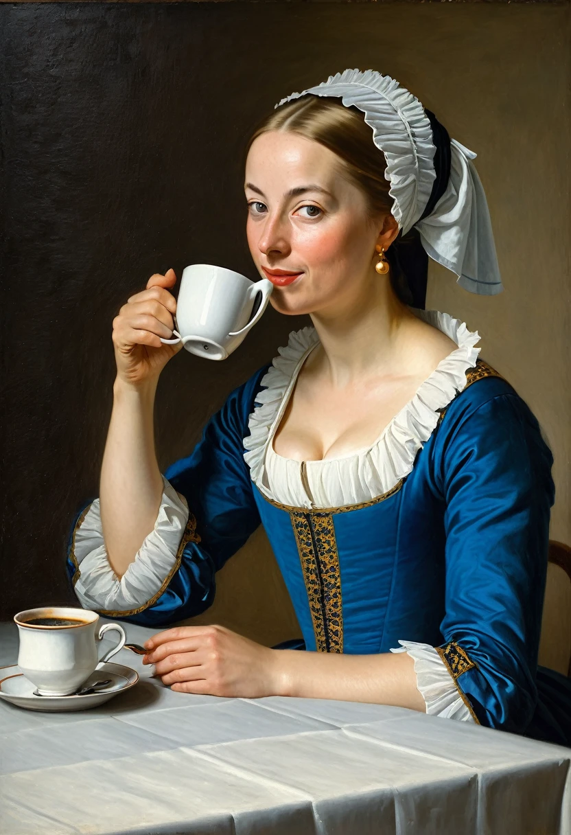 Painting of a woman in Dutch national dress, sitting at a table drinking coffee, Allan Ramsay, inspired by Jean-Etienne Lyotard, Gabriel Metsjou, inspired by Frans van Mieris the Elder, Jan van Mieris, inspired by Jean-Etienne Lyotard, Johannes Wemeer, painting of a woman, Dutch Golden Age painting, zurbaran