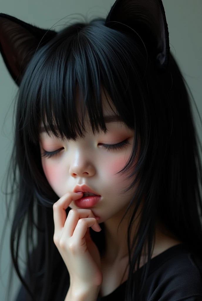 black hair, mole under eye, eyes closed, cat ears, mouth hold, modern, from behind, UHD, masterpiece, highres, best quality, textured skin