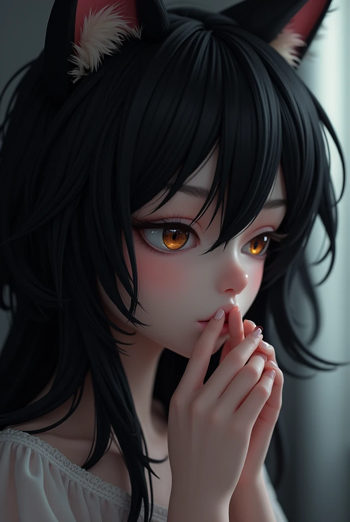 black hair, mole under eye, eyes closed, cat ears, mouth hold, modern, from behind, UHD, masterpiece, highres, best quality, textured skin