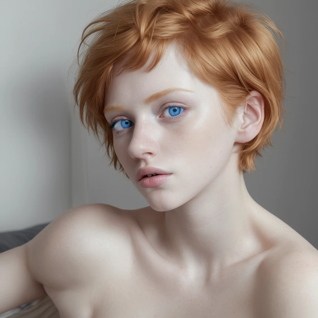 Best quality, hyperrealistic, (Finest Real Textured Skins), details, 24 years old, shy, happy, paleness, big blue eyes, very white skin, small nose, ginger hair ,verry short hair with bangs, Soft lighting, Back lighting, (Finest Real Textured Skins), Super fine face, white room, nude, lying on the bed, High quality, high details, Best Quality, High resolution