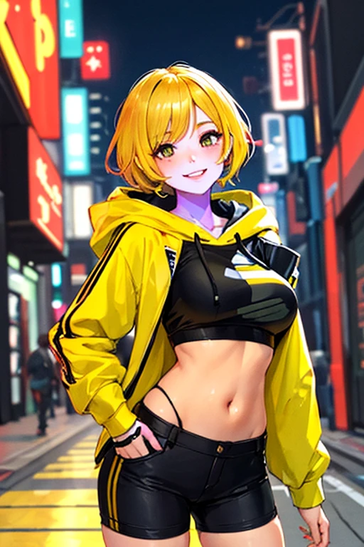 high quality, subsurface scattering, chromatic lighting,
colorized, yellow + black limited color palette, 
detailed concept drawing,
Shibuya street girl in the night, cyberpunk, futuristic,
portrait, 20yo 1girl, medium soft breasts, slender, crop top, hoodie, oiled skin, short yellow hair, smiling