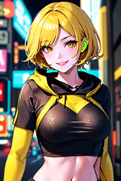 high quality, subsurface scattering, chromatic lighting,
colorized, yellow + black limited color palette,
detailed concept drawing,
Shibuya street girl in the night, cyberpunk, futuristic,
portrait, 20yo 1girl, medium soft breasts, slender, crop top, hoodie, oiled skin, short yellow hair, smiling