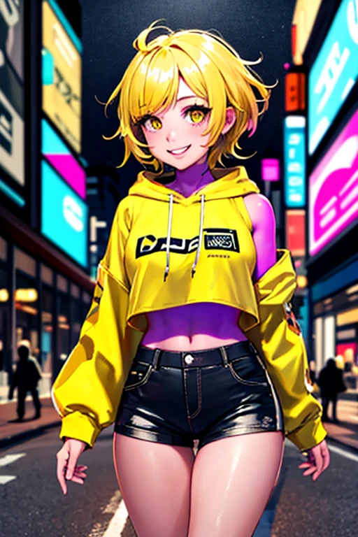 high quality, subsurface scattering, chromatic lighting,
colorized, yellow + black limited color palette,
detailed concept drawing,
Shibuya street girl in the night, cyberpunk, futuristic,
portrait, 20yo 1girl, medium soft breasts, slender, crop top, hoodie, oiled skin, short yellow hair, smiling