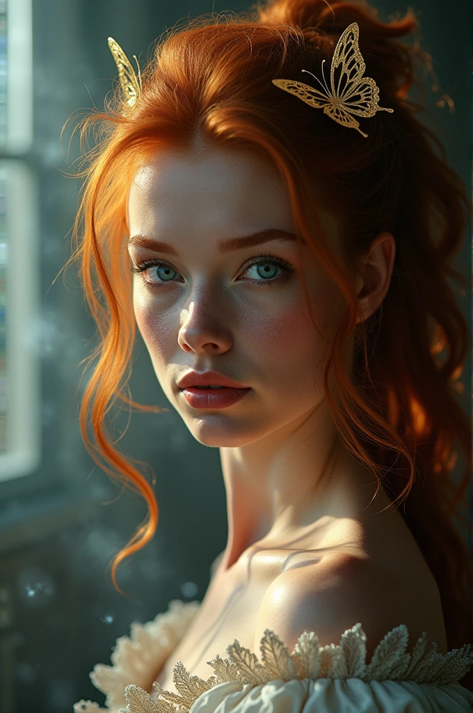(solo, full body photo:1.3), (action packed:1.3), (haze, fog, mist:1.3), chiaroscuro, best quality, photorealistic, 1woman, (cute), (24yo:1.2), redhead, long ginger hair highly detailed, 1700'S, digital photography, art by artgerm and ruan jia and greg rutkowski surreal painting gold butterfly filigree, broken glass, (masterpiece, sidelighting, finely detailed Fashionable eyes: 1.2) (perfect oval large eyes that gazes at the viewer), beautiful detailed face, blue gorgeous perfect eyes, (blonde hair ponytail), (attractive young woman:1.3), (thick amazing hair), (seductive:1.1), (blushing:1.1)
