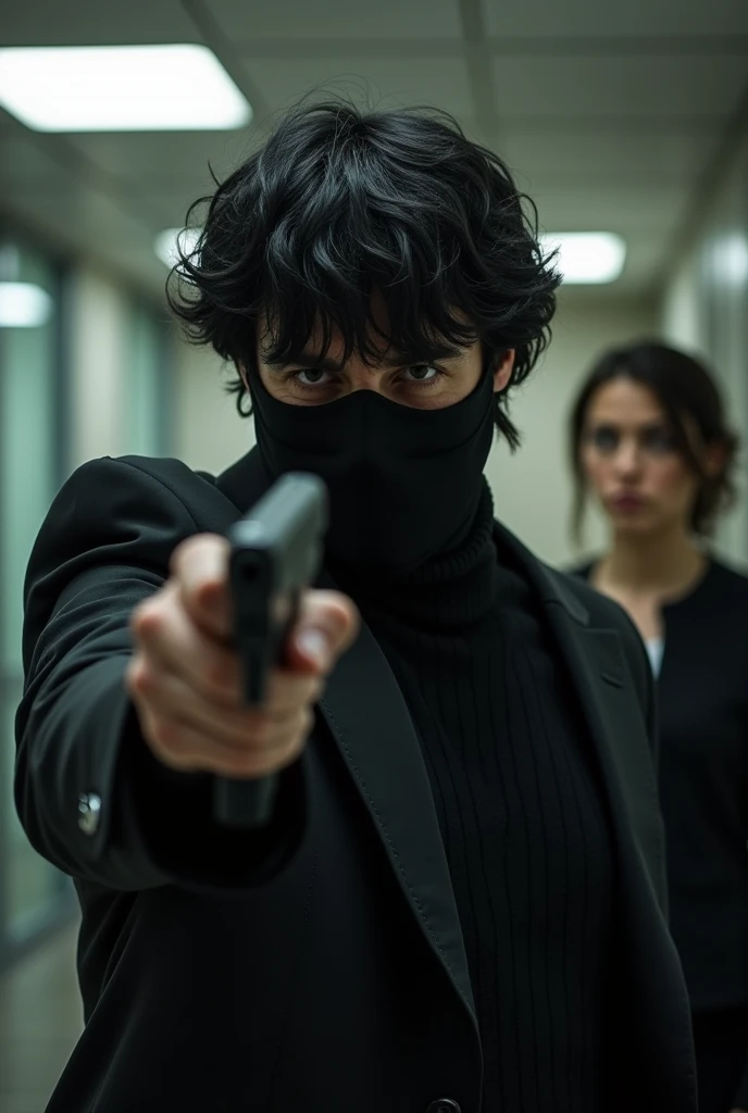 A 44-year-old man, of Italian origin, wearing clothes reminiscent of the 1990s. Black hair. Wearing a black mask. He carries a gun and threatens a bank employee