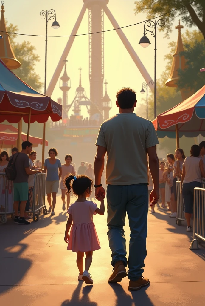 Tall, sturdy father with his eight-year-old daughter shown from behind in the amusement park