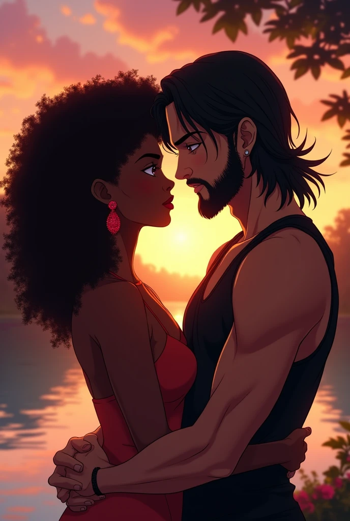 Beautiful woman with dark skin type afro, with wavy hair and red earrings, Hug and look into the eyes of a loving Latin rocker man, with waist-length hair, padlock beard without sideburns, They are in a place where there is a lake, the sun sets and trees.
Anime type drawing.
The man with the longest hair and black sleeveless shirt
