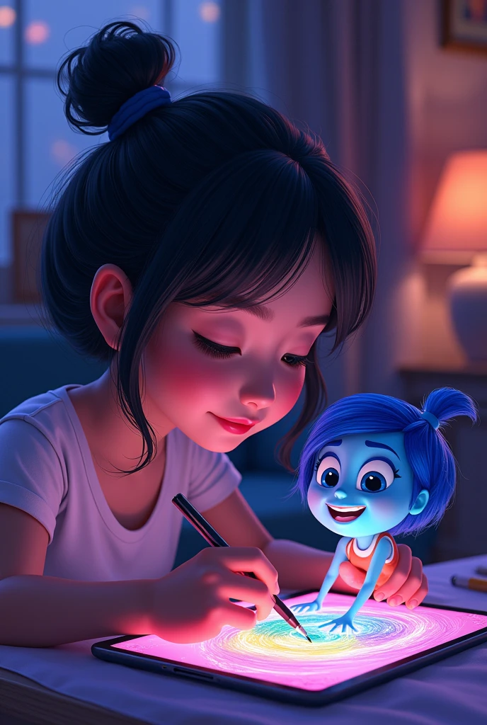 A  illustration style artwork of a Indian looking lady with forehand bangs drawing on her iPad using a stylus.  Joy, the character from Inside Out 2 movie is cheering her up as if if Joy has come out as a drawing from the ipad.Keep it to a night light setting with subtle shades of purple and blue. 