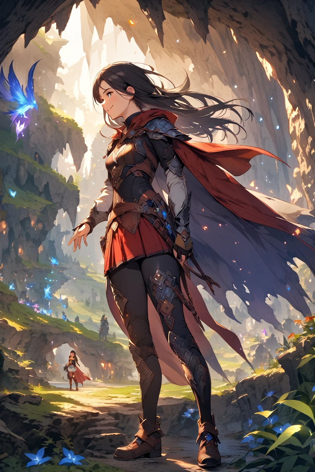 One Woman,20-year-old,((smile)),((skirt, Bodysuit and cape,,(Black Hair,((Fantasy,cave))