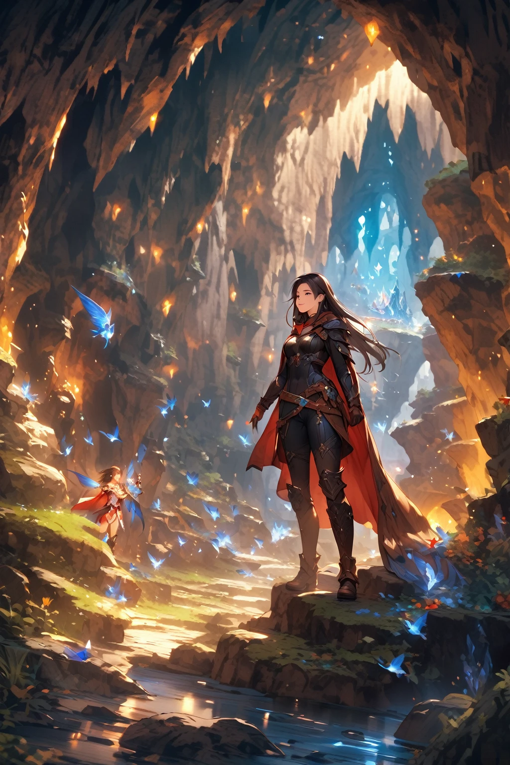 One Woman,20-year-old,((smile)),((skirt, Bodysuit and cape,,(Black Hair,((Fantasy,cave))
