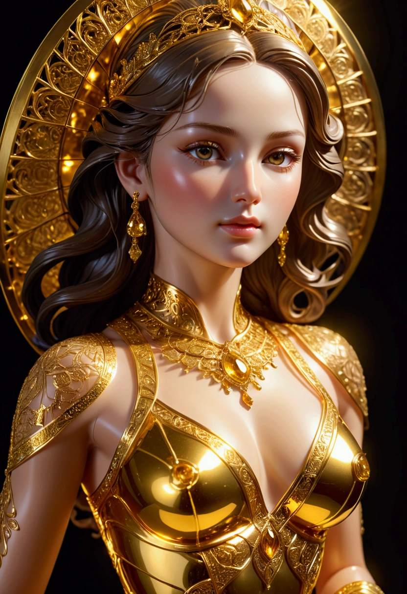 A beautiful woman statue made of golden glass, extremely detailed and photorealistic, hyperrealistic, intricate details, glowing glass skin, serene expression, delicate features, graceful pose, dramatic lighting, studio lighting, HDR, 8K, best quality, masterpiece