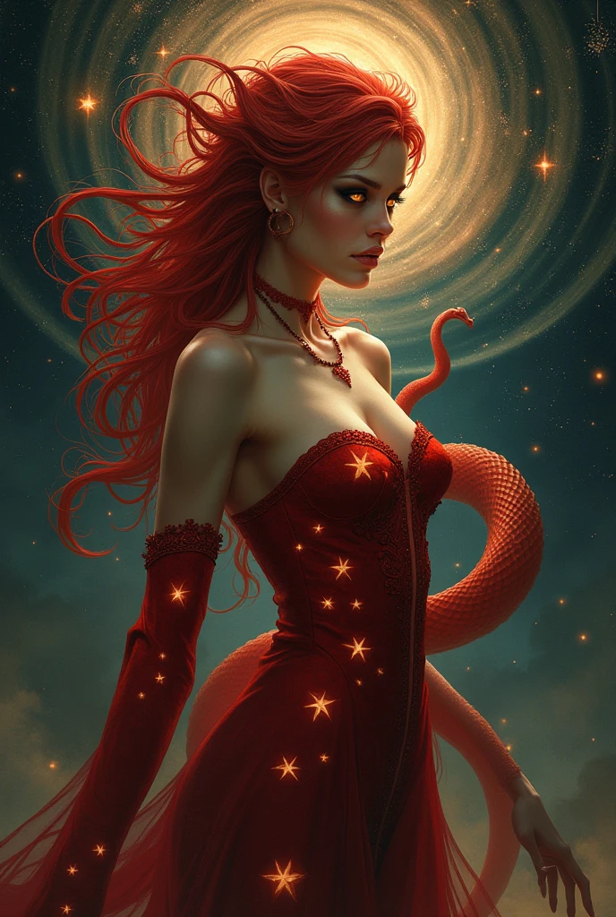 Red-haired snake woman,in red clothes with bright stars