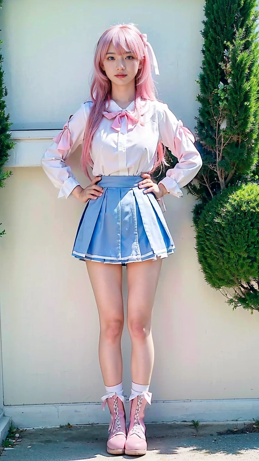 (8k、RAW Photos、Highest quality、masterpiece:1.2)、(Realistic、Realistic)、1 girl、((white、pink、light blue、mini skirt、pinkの髪、Breast enlargement、boots、ribbon、Thin legs、whole body、View from the front、Looking into the camera、ribbon、garden、Stand with hands on hips))、cute
