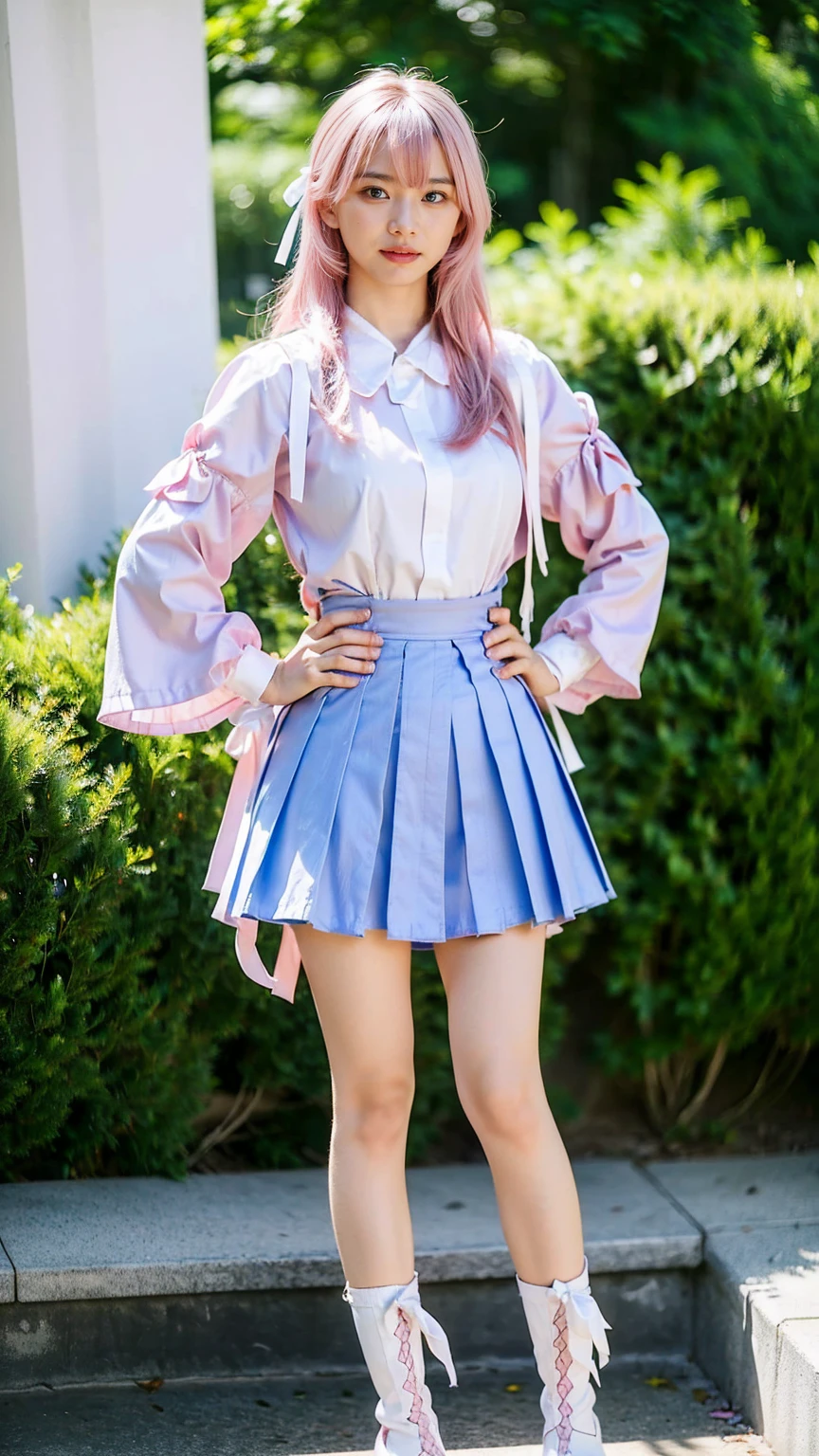 (8k、RAW Photos、Highest quality、masterpiece:1.2)、(Realistic、Realistic)、1 girl、((white、pink、light blue、mini skirt、pinkの髪、Breast enlargement、boots、ribbon、Thin legs、whole body、View from the front、Looking into the camera、ribbon、garden、Stand with hands on hips))、cute
