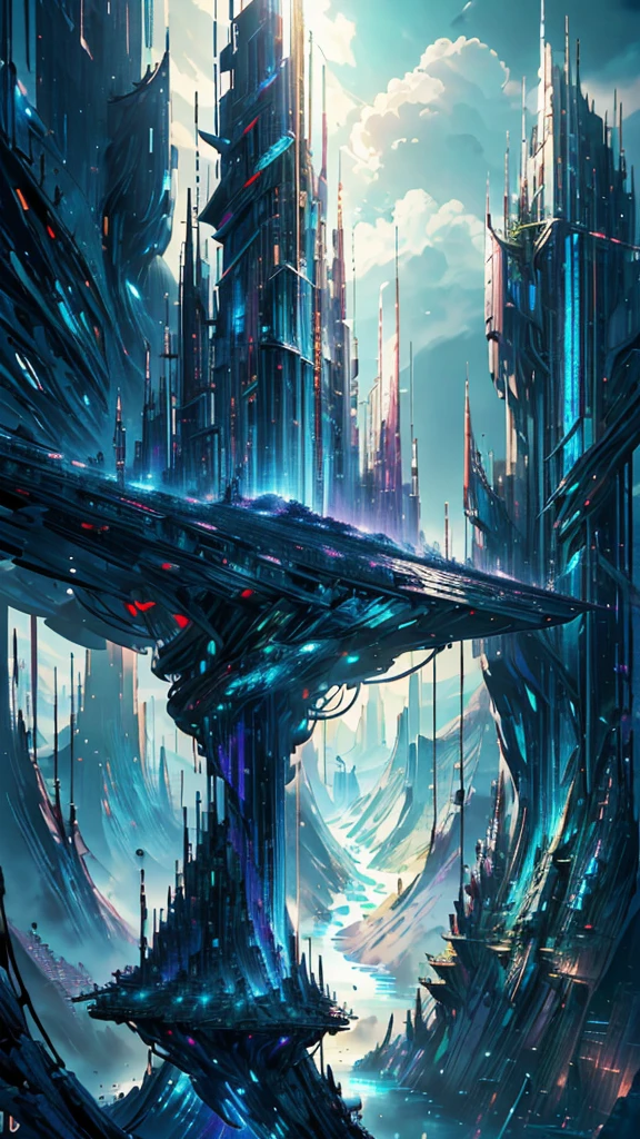 Masterpiece,a futuristic, cybernetic organic world, best quality, high quality, extremely detailed CG unity 8k wallpaper, futuristic landscape, outdoor, sky, cloud, sky, no humans, mountain, landscape, water, tree, blue sky, waterfall, cliff, nature, lake, river , cloudy skies, award winning photography, bokeh, depth of field, HDR, bloom, chromatic aberration, photorealism, very detailed, trending on artstation, trending on CGsociety, intricate, high detail, dramatic, midjourney art