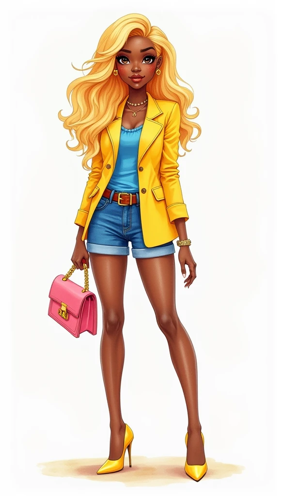graphic designer,Watercolor illustration of a female character. centered,A beautiful 25-year-old black woman, she has blonde, wavy hair that falls in a waterfall. She has striking eyes and freckles on her face. A woman is wearing a yellow blazer over a blue blouse and denim shorts... a brown belt. She is carrying a pink bag with a gold chain strap in her hand and wearing yellow high heels, vector art, cartoon style illustration, HD illustration