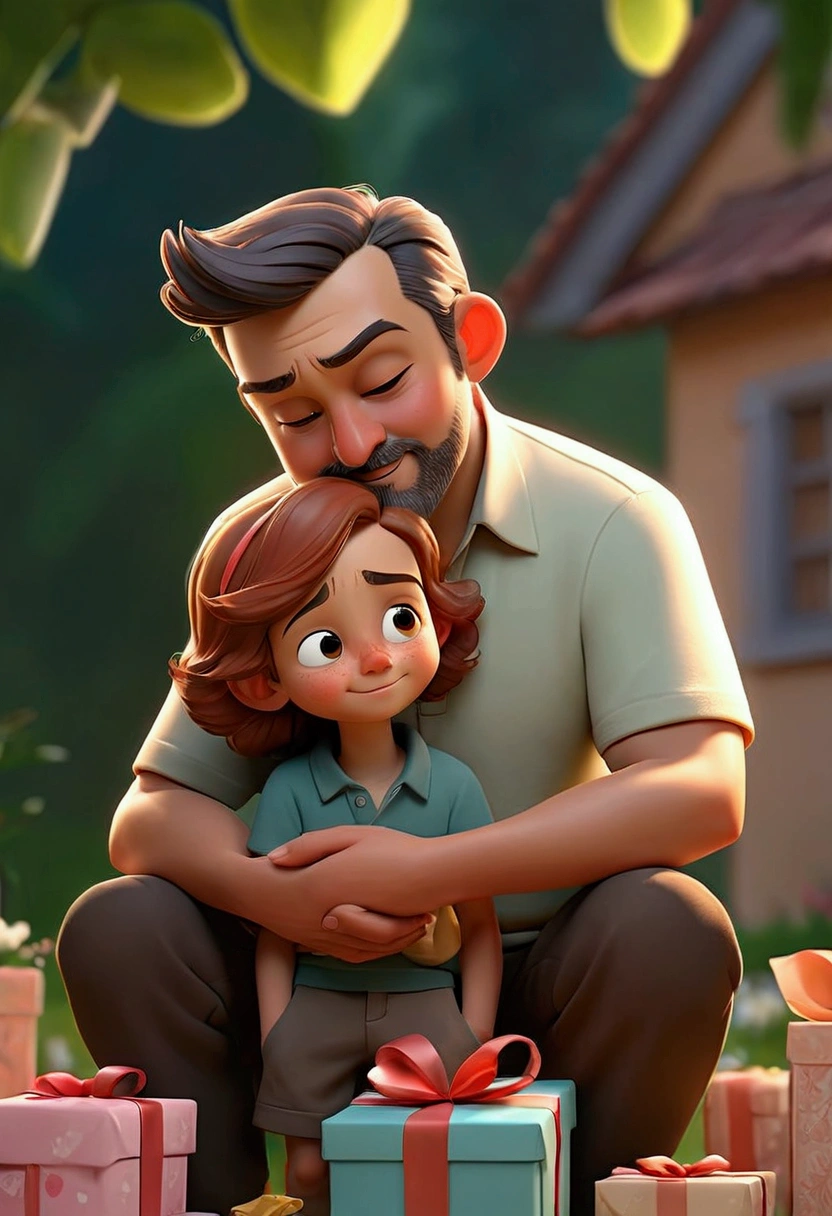 "A warm and welcoming image for Father's Day, showing a father and son or daughter sharing a special moment. The scene may include an affectionate activity such as a hug., a walk in the park, or a game in the backyard. The background can be decorated with elements that symbolize the father-son relationship., como brinquedos, a gift box or a banner that says 'Happy Father's Day'. Use soft colors and details that convey love, gratitude and joy."