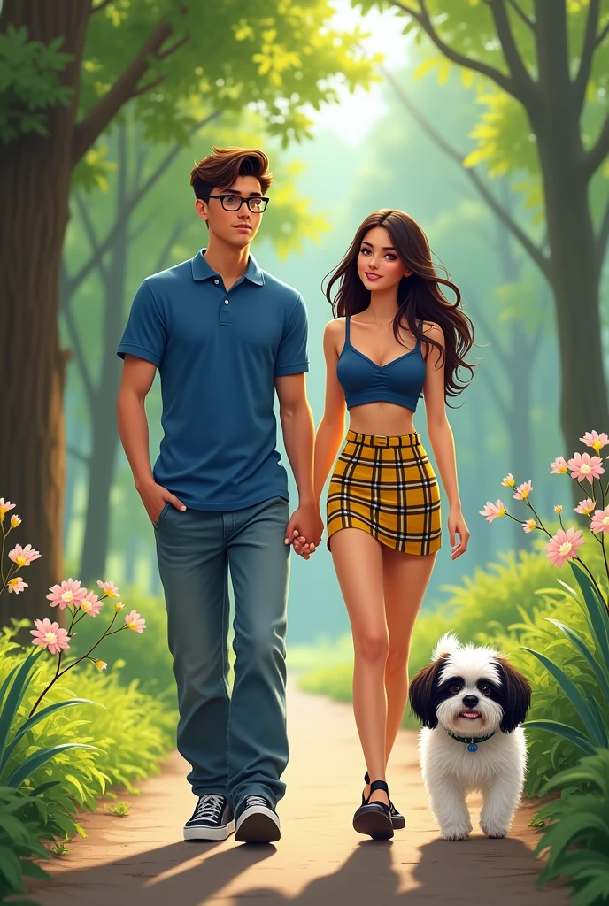 They are a couple. the boy wears glasses, Blue polo shirt and wide jeans with black sneakers, He has short hair. The girl wears a tight yellow and black plaid skirt, a short blue strappy blouse and black sandals, He has medium-long hair. They are both thin. They are in the park walking with their only white shitzu dog with black spots..