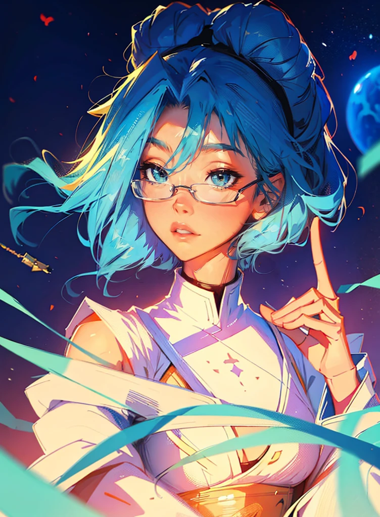 ((Best Quality, 8K, Masterpiece: 1.3)), best quality, ultra high res, a woman with blue hair and glasses holding a peace sign, beautiful celestial mage, stylized anime, portrait knights of zodiac girl, cushart krenz key art feminine, digital anime illustration, official character art, anime style. 8k, anime stylized, artwork in the style of guweiz, made with anime painter studio, anime in fantasy style