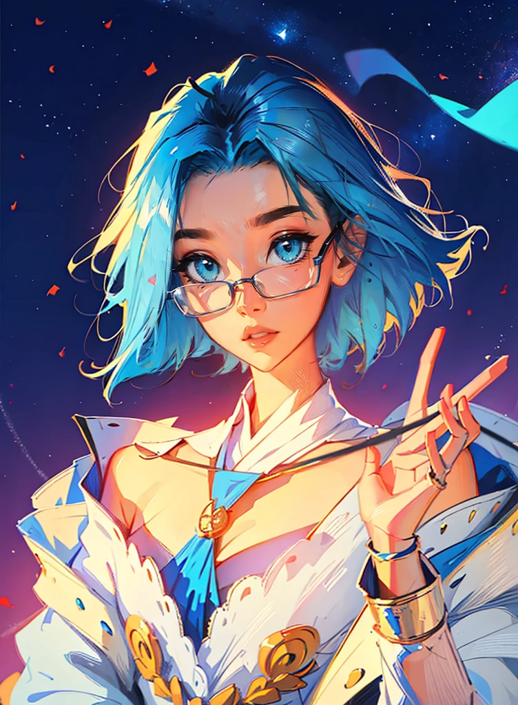 ((Best Quality, 8K, Masterpiece: 1.3)), best quality, ultra high res, a woman with blue hair and glasses holding a peace sign, beautiful celestial mage, stylized anime, portrait knights of zodiac girl, cushart krenz key art feminine, digital anime illustration, official character art, anime style. 8k, anime stylized, artwork in the style of guweiz, made with anime painter studio, anime in fantasy style