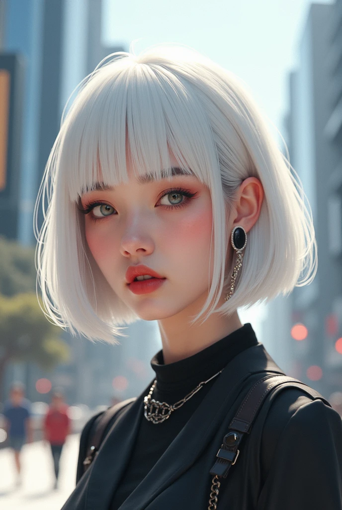 She&#39;s about 18 years old with a white bob haircut and is cute and a little cool.