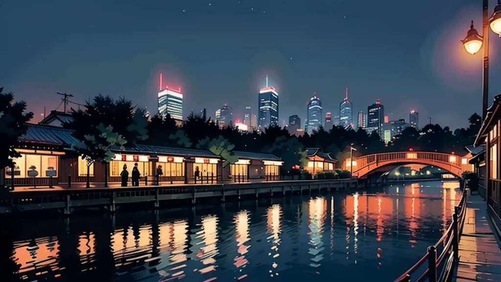 "A serene and atmospheric scene of Tokyo at night, featuring a panoramic view of the city skyline with glowing skyscrapers, illuminated billboards, and neon signs. The sky is a deep indigo, with scattered stars and a soft glow from the city lights below. In the foreground, there are subtle reflections on the surface of a calm river, with small boats gently floating by. The scene is framed by traditional Japanese architecture, like a wooden bridge and sakura trees, gently swaying in the night breeze. The overall atmosphere is calm and relaxing, ideal for a lo-fi music channel background."