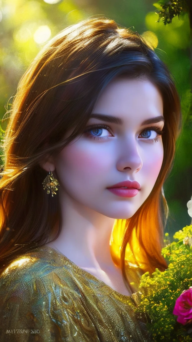 A girl in a garden,half:illustration,beautiful detailed eyes,beautiful detailed lips,Extremely detailed eyes and face,long eyeslashes,High Resolutions,ultra detailed,fotorrealist,vivid colors,bokeh,Portraits,warm tones,soft lighting, (The best quality,4k,8k,High Resolutions,masterpiece:1.2),ultra detailed,(realist,fotorrealist,fotorrealist:1.37),classical,Amazing,beautiful detailed eyes,beautiful detailed lips,Extremely detailed eyes and face,long eyeslashes,oil painting style,Canvas texture,old fashioned dress,Golden lighting,Garden landscape,colorful flowers,romantic atmosphere,vintage colors,soft sunlight,serene expression,elegant pose INFO