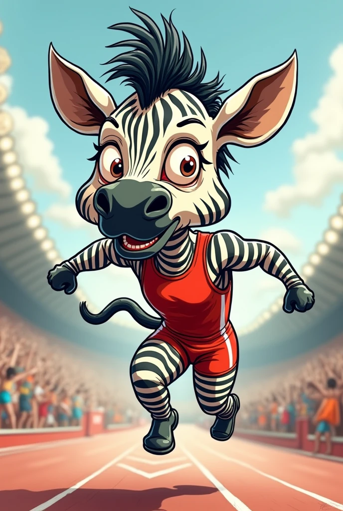 (chibi Emoji Meme), Hand-drawn art style, funny photo portrait of a grotesque (Olympic triathlon athlete zebra), athlete suit, (upper body), jump in the air, strange eyes, Olympic background, emoticon. emotional, dynamic movement, vivid, (masterpiece, best quality, absurdres, ultra-detailed, intricate details:1.3)