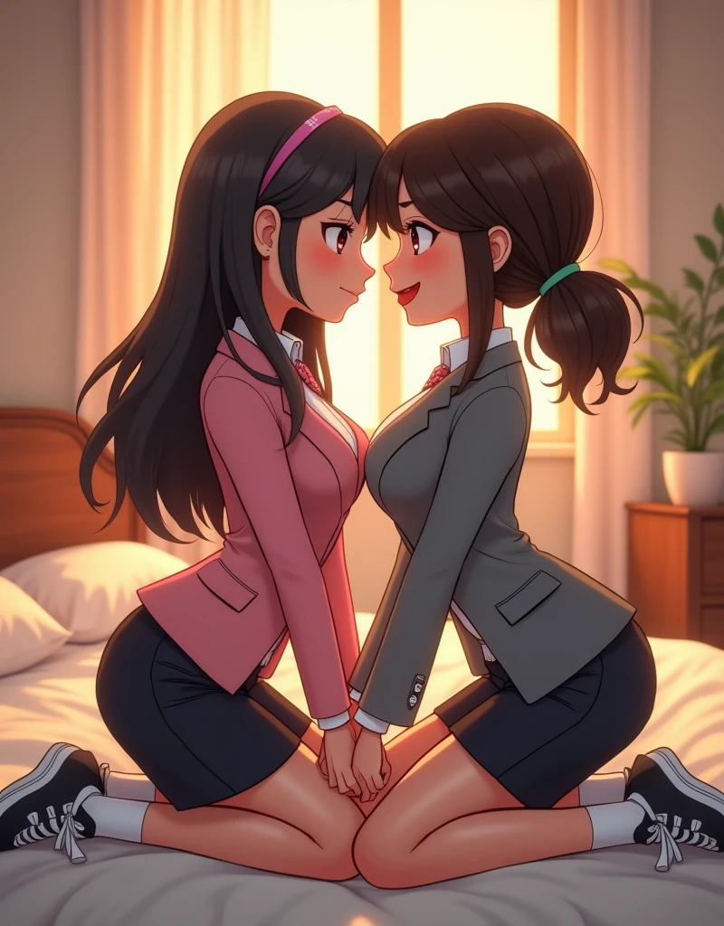 Two girls, yuri, white shirt, girl wear a pink suit, girl wear a grey suit, black short pencil skirt, black underpants, white socks, white sneakers, lesbian kiss, hugging, sensual body, naughty hand, closed eyes, bedroom, Cartoon Novel, HD, 4K