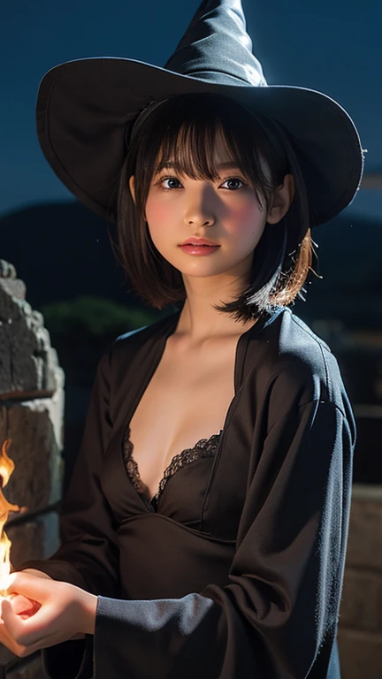 shoot from front,ung girl,15yr,look at a viewer,shorthair with bangs,((wizard clothes with witch hat)),open clothes over bra,light a flame on palm,background is castle,at nighttime