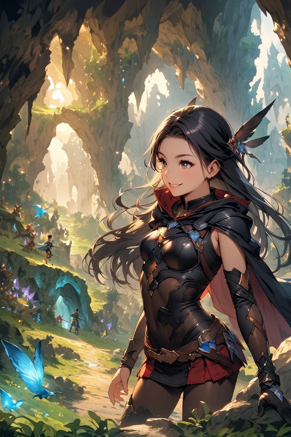 One Woman,20-year-old,((smile)),((Micro Skirt, bodysuit and short cloak,,(Black Hair,((Fantasy,cave))